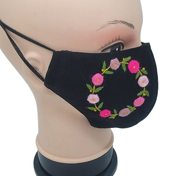 New Cover Face ear loop Women's Black Mask Embroidered handmade flower ring - Picture 1 of 7